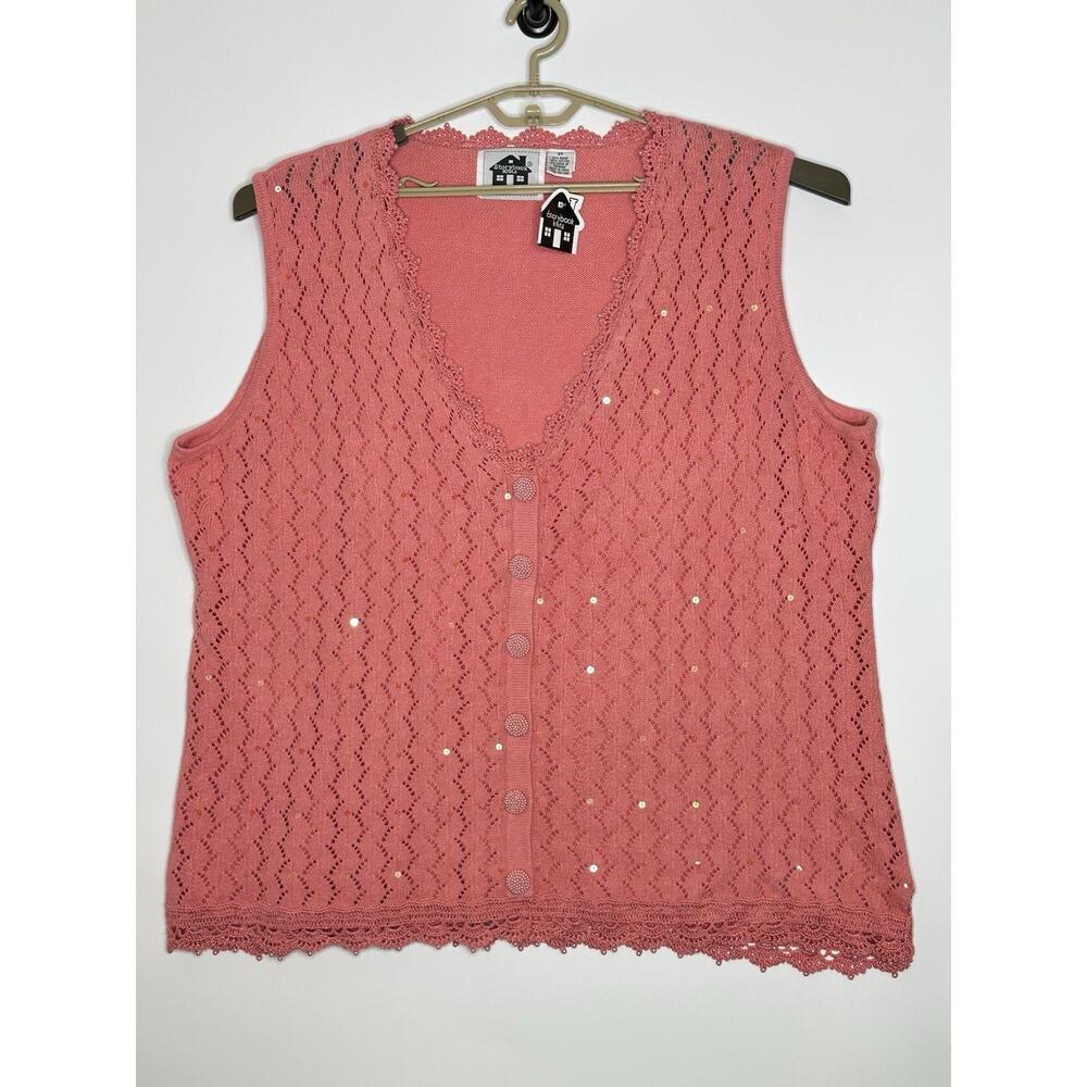 NWT Storybook Open Knit Vest 2X Beaded Sequins Grandma Core Button Front Crochet